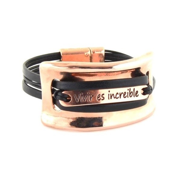 Fermoir magnetique plat zamak or rose avec bracelet cuir noir top