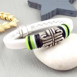 kit bracelet cuir regaliz blanc perle ethnique et fermoir plaque argent