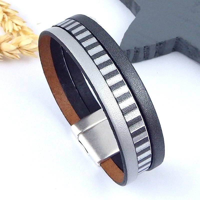 Bracelet Manchette Acier Argent + Cuir Amovible Noir – Homme/Femme