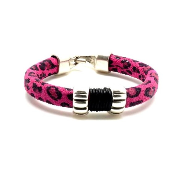 Bracelet cuir regaliz leopard daim fuchsia et noir