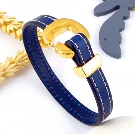 Kit tuto bracelet cuir coutures bleu fermoir crochet or
