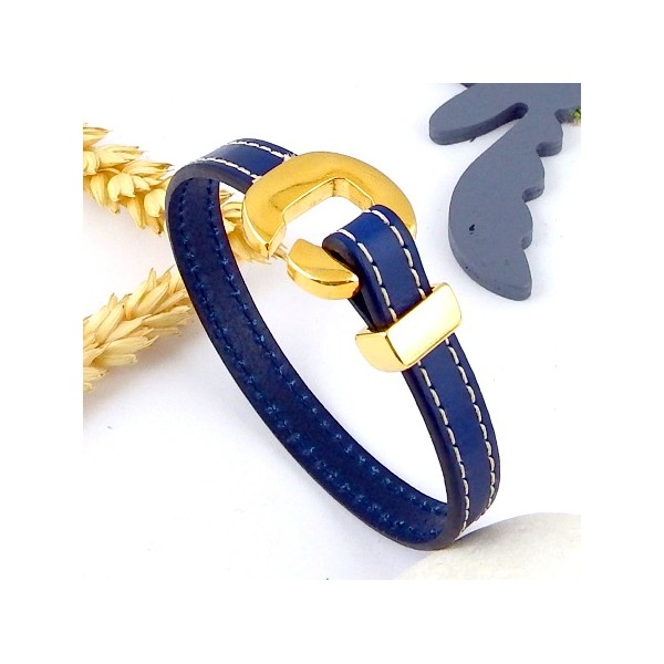 kit tuto bracelet cuir coutures bleu fermoir crochet or