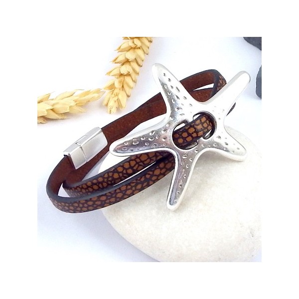 kit tutoriel bracelet cuir marron animal etoile de mer plaque argent