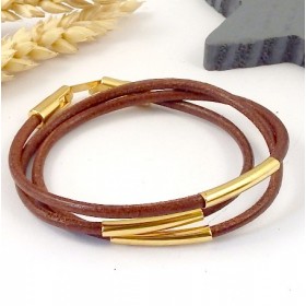 kit tuto bracelet cuir marron camel 3mm 3 tours tubes et fermoir flashe or