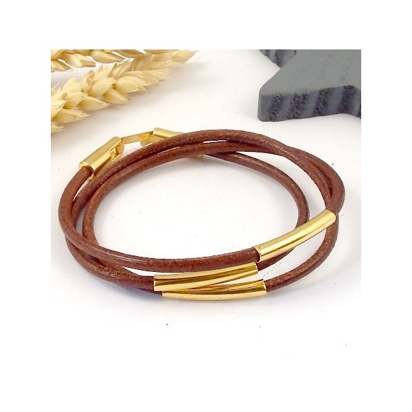 kit tuto bracelet cuir marron camel 3mm 3 tours tubes et fermoir flashe or