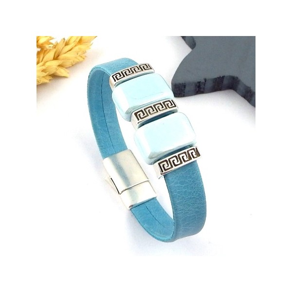 kit tuto bracelet cuir turquoise ethnique perles ceramique artisanale