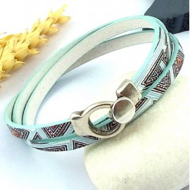 kit tutoriel bracelet cuir imprime art deco vert aqua fermoir plaque argent