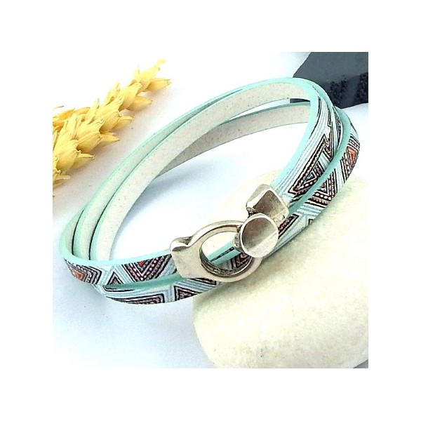 kit tutoriel bracelet cuir imprime art deco vert aqua fermoir plaque argent
