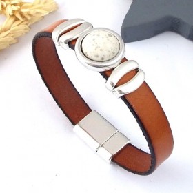Kit tutoriel bracelet cuir cognac avec perles et fermoir argent cabochon ivoire