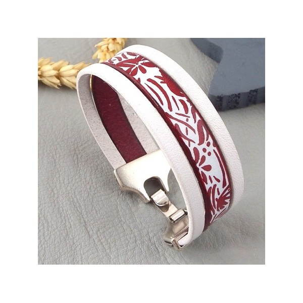 kit tutoriel bracelet cuir imprime fleurs yeye bordeaux et blanc