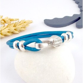 kit tutoriel bracelet cuir rond bleu outremer et fermoir crochet argent deux