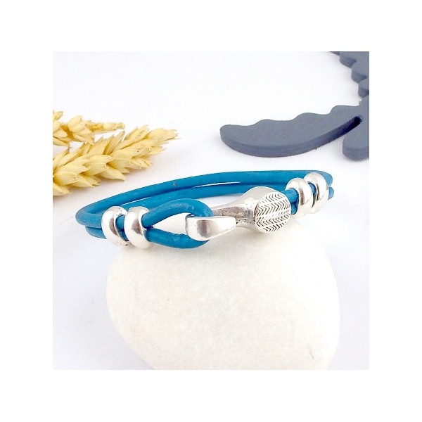 kit tutoriel bracelet cuir rond bleu outremer  et fermoir crochet argent deux