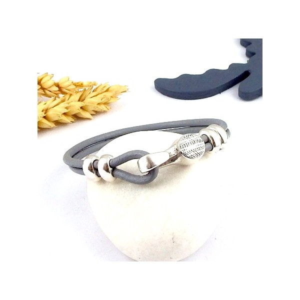 kit tutoriel bracelet cuir rond gris fermoir crochet argent deux