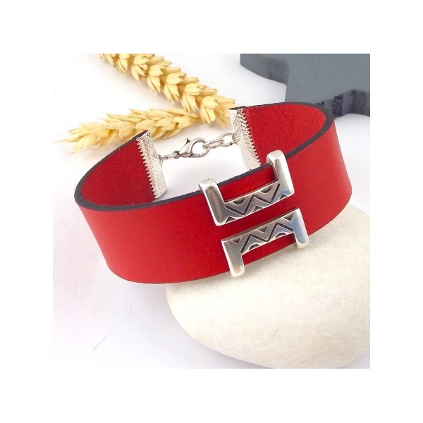 kit tutoriel bracelet cuir rouge manchette boho ethnique perle plaque argent