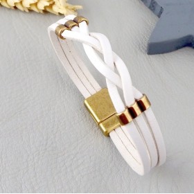 Kit tutoriel bracelet cuir tresse blanc avec perles et fermoir magnetique bronze