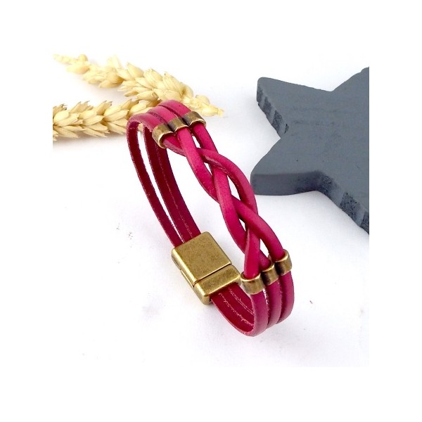 Kit tutoriel bracelet cuir tresse fuchsia avec perles et fermoir magnetique bronze