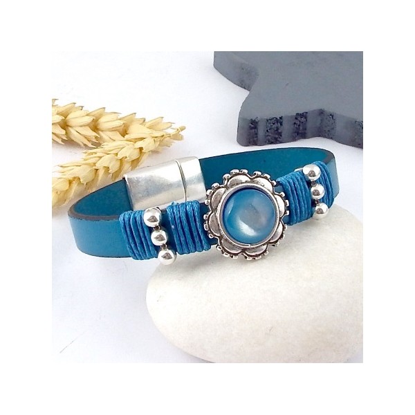 Kit tutoriel bracelet cuir turquoise avec perles et fermoir argent cabochon turquoise