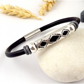 Bracelet cuir unisexe ethnique zamak argent