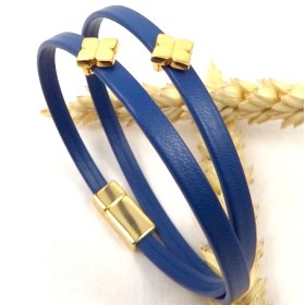 kit tutoriel bracelet cuir bleu double perles et fermoir or