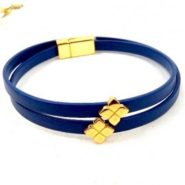 kit tutoriel bracelet cuir bleu double perles et fermoir or