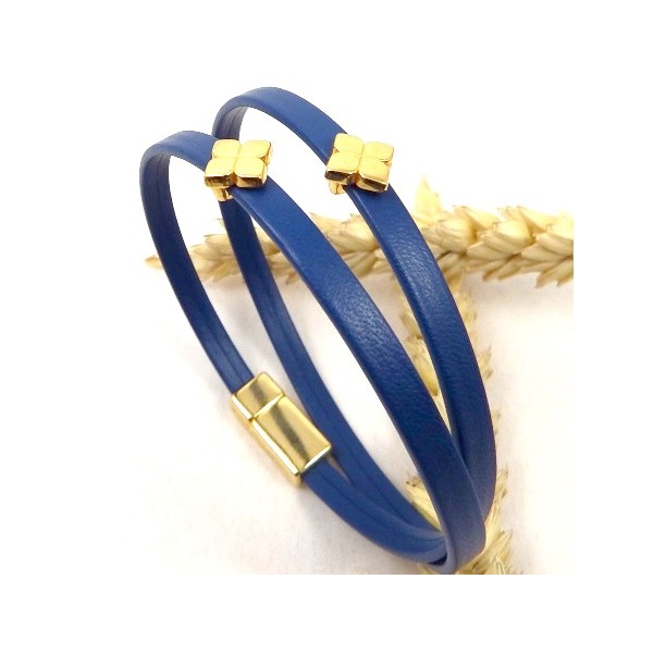 kit tutoriel bracelet cuir bleu double perles et fermoir or