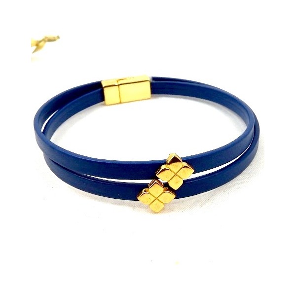 kit tutoriel bracelet cuir bleu double perles et fermoir or