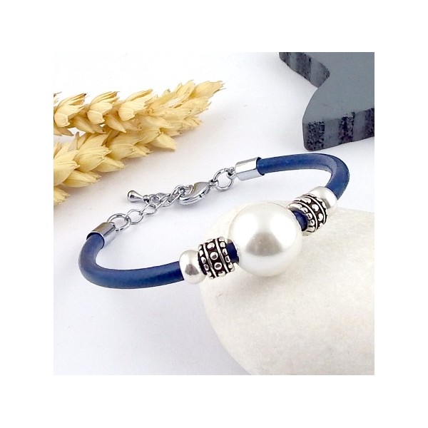 Kit tutoriel bracelet cuir bleu perle nacre et argent