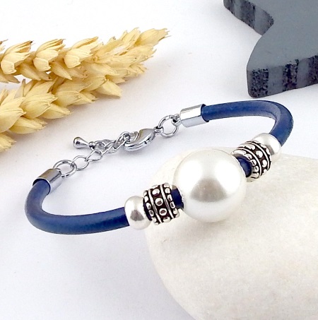 KIT bijoux bracelet cuir et perles argentées et perles bleu turquoise