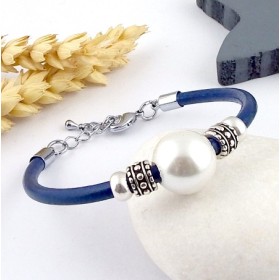 Kit tutoriel bracelet cuir bleu perle nacre et argent