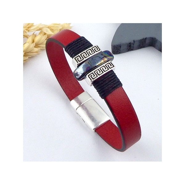 Cuir plat 10mm rouge, bracelet avec céramique