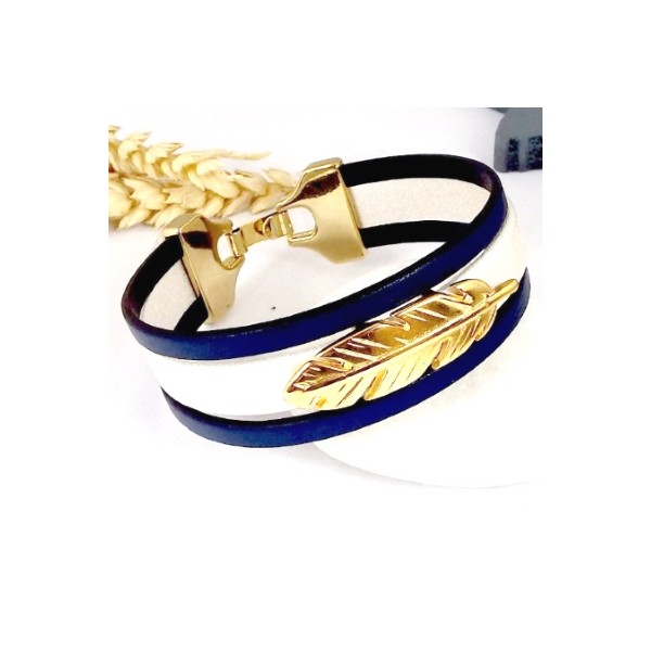 Kit bracelet cuir ivoire bleu et plume flashe or avec tutoriel