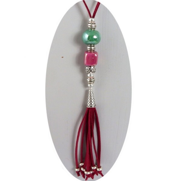 Kit collier suedine ethnique fuchsia avec perles ceramique et argent 