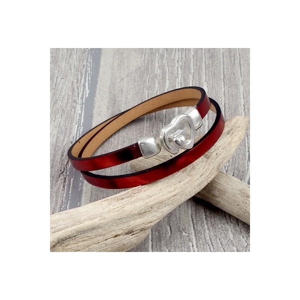Kit bracelet cuir metallise rouge fermoir coeur