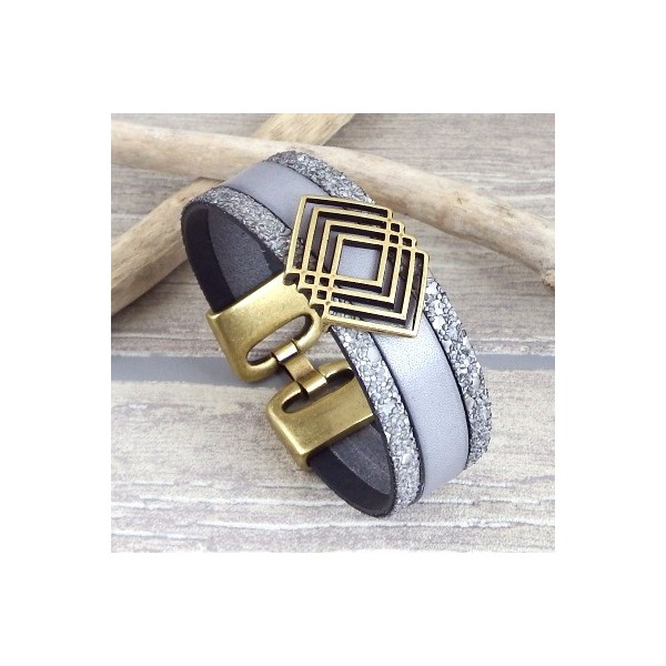 Kit bracelet cuir gris style antique passant geometrique bronze