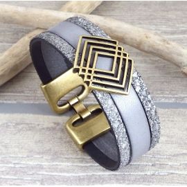 Kit bracelet cuir gris style antique passant geometrique bronze