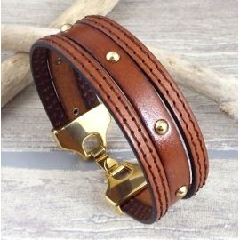 Kit bracelet cuir camel clous et coutures fermeture or
