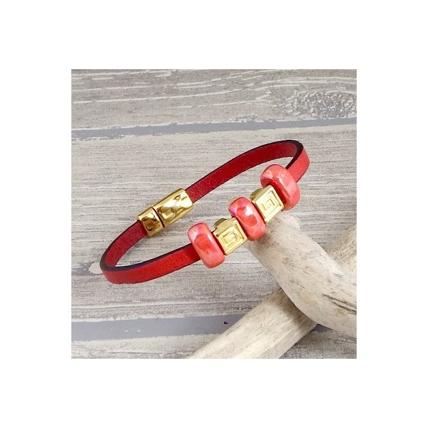 Kit bracelet cuir rouge et or ethnique avec tutoriel