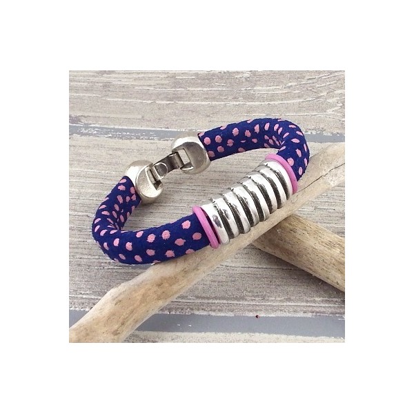 kit bracelet cuir regaliz a pois bleu rose et argent
