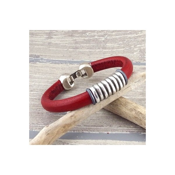 kit bracelet cuir regaliz rouge perle ethnique et fermoir argent
