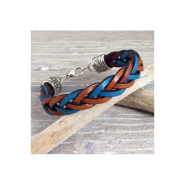 Kit bracelet cuir tresse marron et bleu avec tutoriel