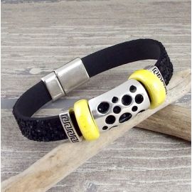 kit bracelet cuir fantasia noir jaune et argent