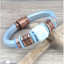 kit bracelet cuir regaliz bleu metal rocailles cuivre zamak