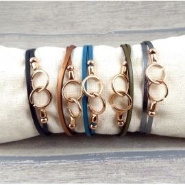 Bracelet en cuir fin double avec fermoir menottes or rose