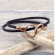 Bracelet en cuir fin double avec fermoir menottes or rose