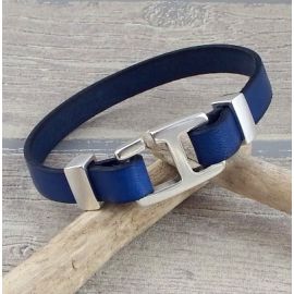 Kit bracelet cuir homme bleu fermoir crochet rectangle