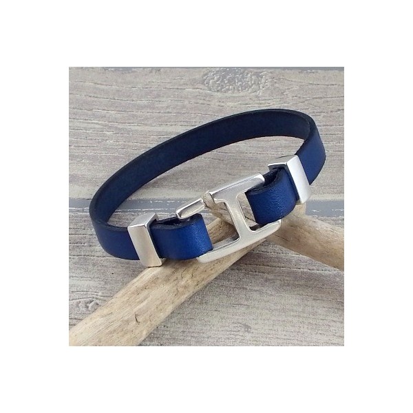 Kit bracelet cuir homme bleu fermoir crochet rectangle