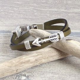 Kit bracelet cuir kaki fleches et fermoir argent