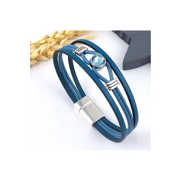 Kit tutoriel bracelet cuir bleu cristal swarovski avec perles et fermoir plaque argent