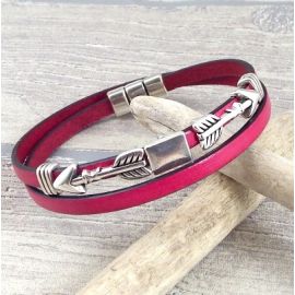 Kit bracelet cuir fuchsia perles ethniques et fermoir magnetique bronze