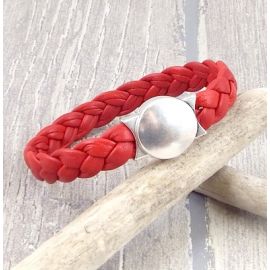 Kit bracelet cuir rouge tresse fermoir rond argent